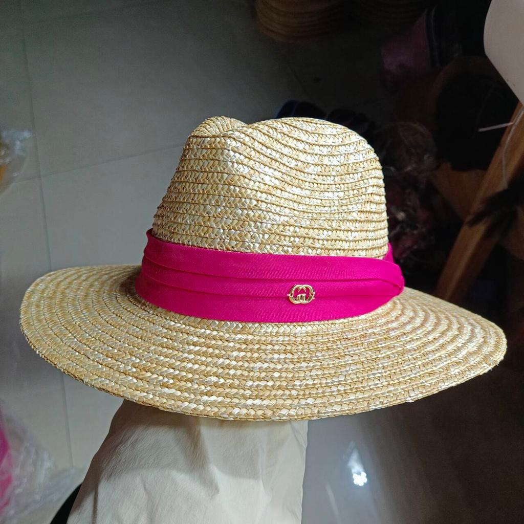 Summer Straw Hat Pearl Pin Women's Summer Seaside Sunshade Hollow Groove Flat Top Straw Hat  Sombrero