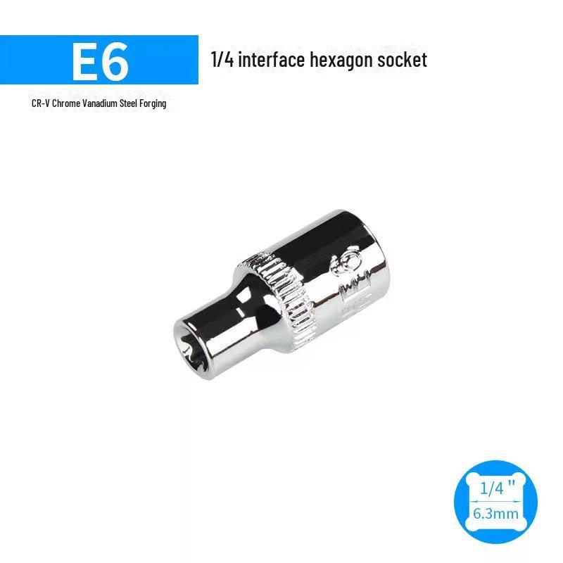 Metric 6-Point Flower-Shaped E-Type Socket Set: 1/2 Large, 3/8 Medium, 1/4 Small, Star Type.