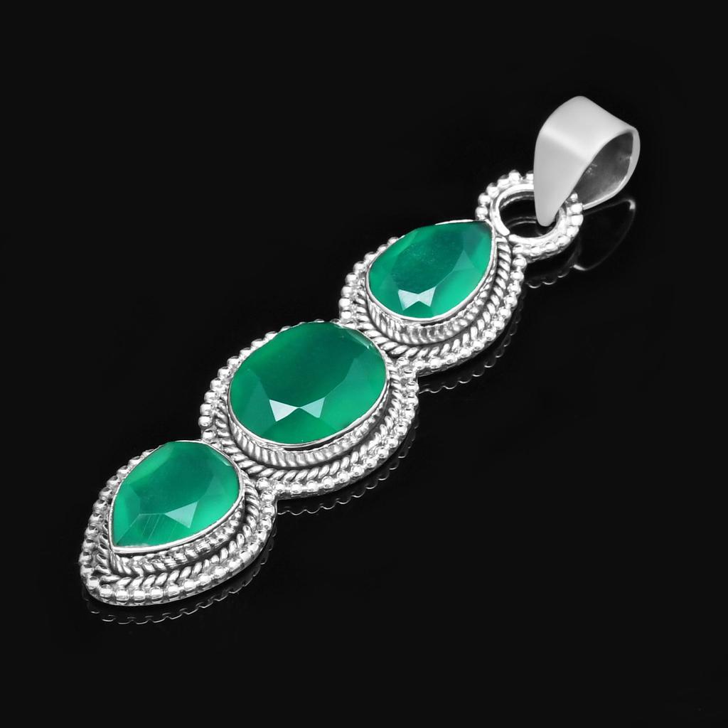 Подвеска-капля из натурального зеленого оникса с тремя камнями из стерлингового серебра 925 пробы для женщин и девочек