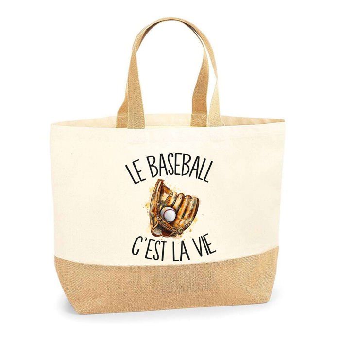 Cabas de plage - PLANETEE - 'Baseball c'est la vie' - Jute naturel - Multicolore - Fabriqué en France