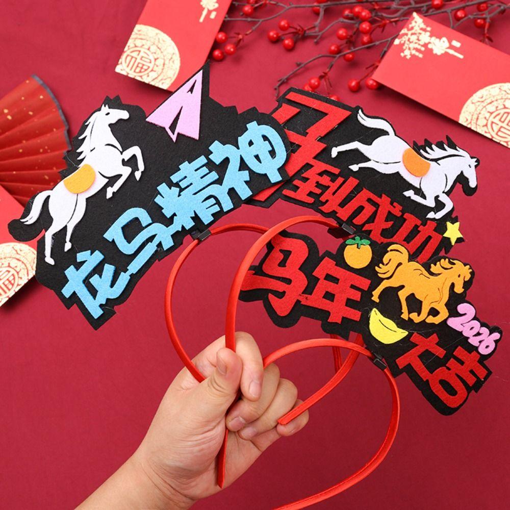 Cartoon 2026 Happy New Year Headband Red New Year Headdress Kawaii Horse Year Hairband Children