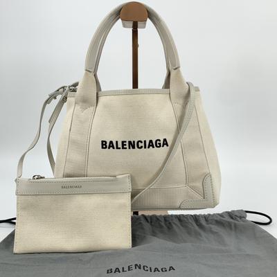 BALENCIAGA 2-в-1 Синий Cabas XS Сумка Ручная Сумка На Плечо Холст с Кошельком Кожа Цвет Слоновой Кости Белый Серый 390346