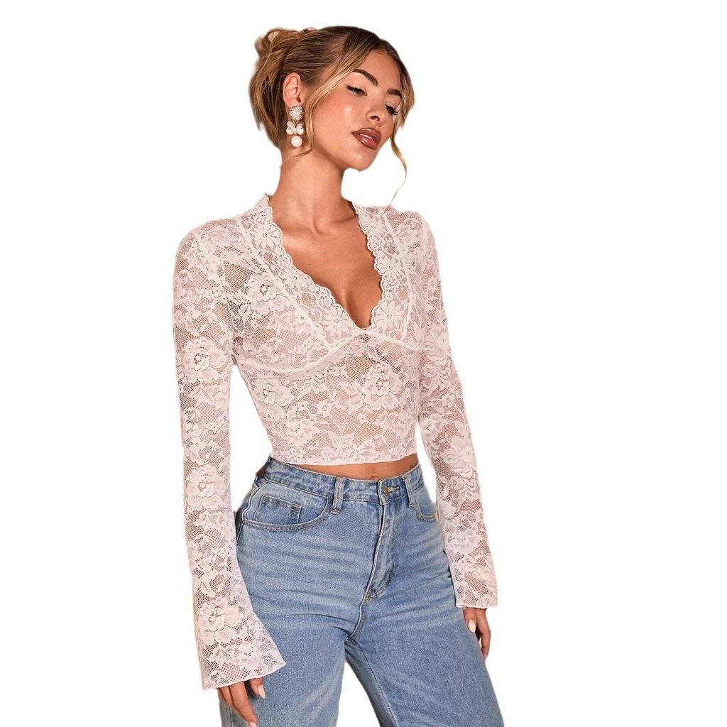 Spring Elegant Women's Solid Colour Sexy Transparent Lace V-Neck Tight Flare Long Sleeve T-Shirt