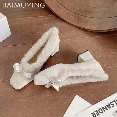 Женские туфли с квадратным носком и мелким каблуком, меховые, замшевые, с кристаллами, модные туфли на среднем каблуке Shaoes 2025 года, элегантные туфли-лодочки, зимние, Zapatos Mujer