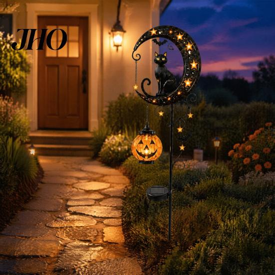 Hanging Pumpkin Halloween Decor Solar Garden Stake Light, Metal Black Cat & Moon Waterproof Crescent Pathway Lights Decorations for Lawn Patio