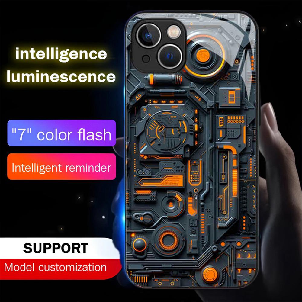 Luxury Blue Chip Pattern Luminous Glass LED Call Light Up Flash Phone Case Cover For iPhone Air 17 16 E 15 14 13 12 Pro Max Plus