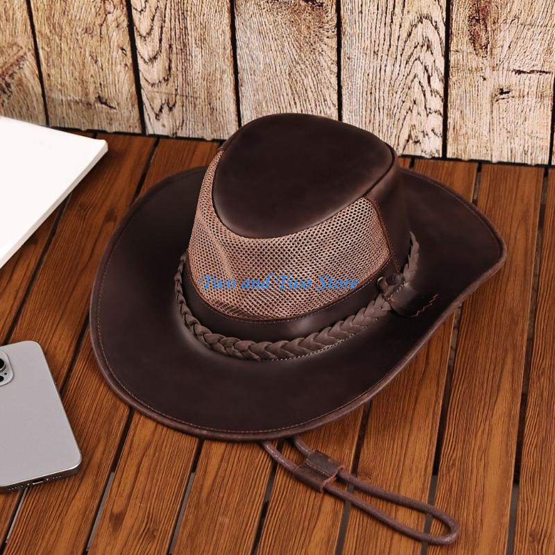HX6F Practical PU Leather Western Hat for Men Breathable Costume Hat Ensures Comfort in Extended Outdoor Activities