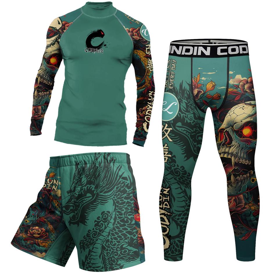 Men Jiu Jitsu Rashguard MMA T-shirt +Shorts for Men 3PCS/Set Boxing Brazilian Grappling Rash guard Sets Muay Thai Sportswear