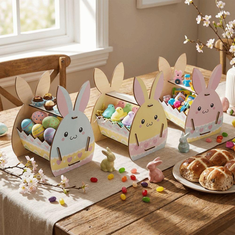 Wooden Easter Bunny Basket Semi-Open Frame DIY Paint Candy Storage Basket Handmade Crafts Happy Easter Bunny Decor Box