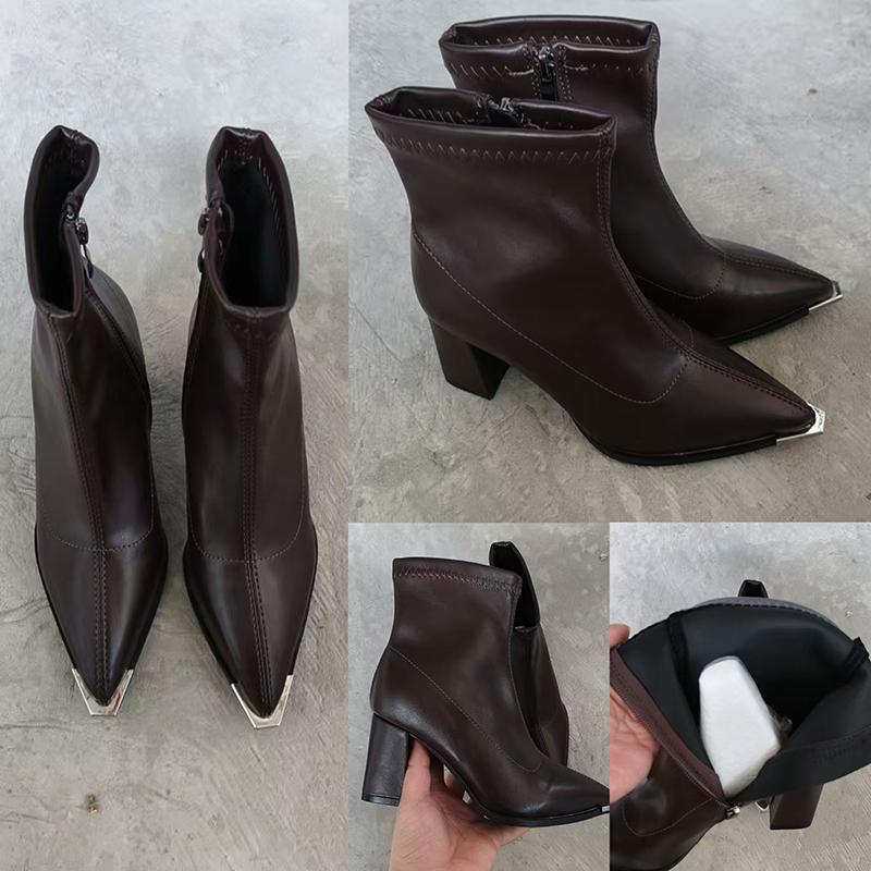 Бренд Pu Черные Ботильоны Осень Французский Ретро Острый Носок Высокий Каблук Челси Ботинки Металлическая Отделка Дизайнерские Короткие Ботильоны