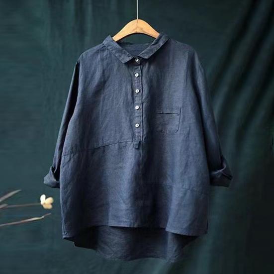 Women Shirt Turn-down Collar Long Sleeve Pullover Tops Buttons Half Placket Patch Pockets Casual Tops Solid Color Loose Fit Shirt
