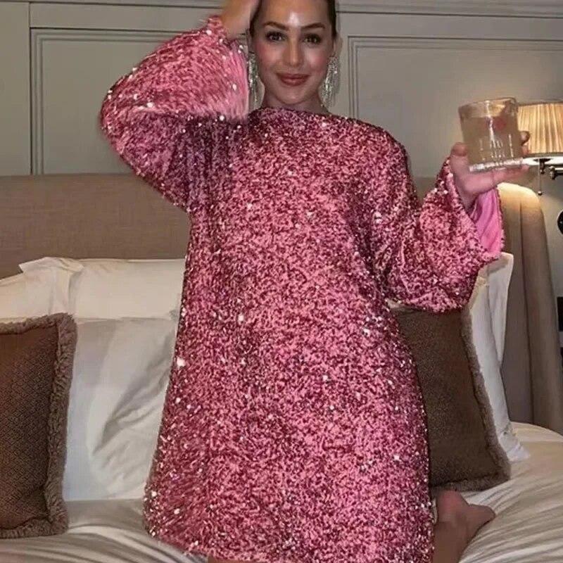 2024 Sexy Backless Sequin Lace Up Bow Fashion Women Dresses Party Club Evening Banquet Robe O-Neck Long Sleeve Dress 30499