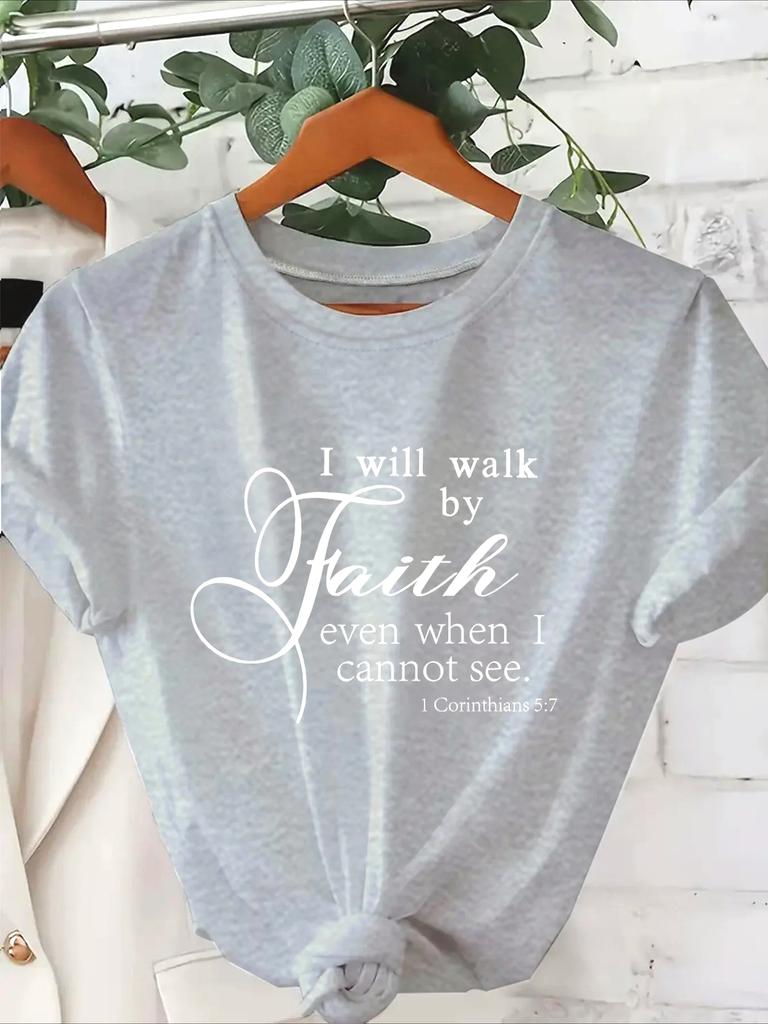 Walk By Faith Women's Tee Bible Verse Graphic Pink Casual Women Top Fashion Graphic Print Clothes Summer Female Short Sleeve Tee