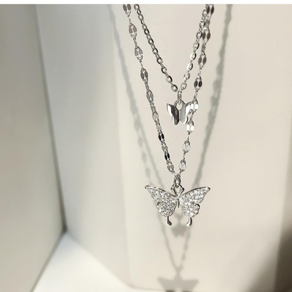Fashion Silver Shiny Flash Butterfly Double Layer O Chain Necklaces Wedding Party Jewelry for Women