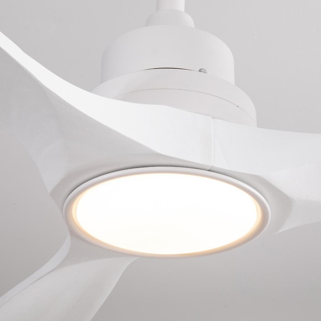 60-inch ceiling fan in white, three-blade, wood propeller blades, remote control, 3CCT, Reversible DC Motor, Six Speed Settings, and Power-Off Memory