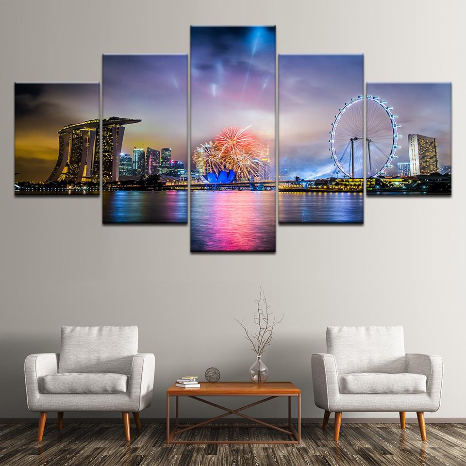 Canvas Painting fireworks in Victoria Harbour landscape 5 Pieces Wall Art Painting Modular Wallpapers Poster Print Home Decor