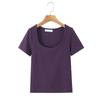 Stretchy Slim-Fit Short-Sleeve T-Shirt Plus Size Women's Clothing with Exposed Collarbone and Square Neckline 100kg Plus-Size Commuter Casual Top