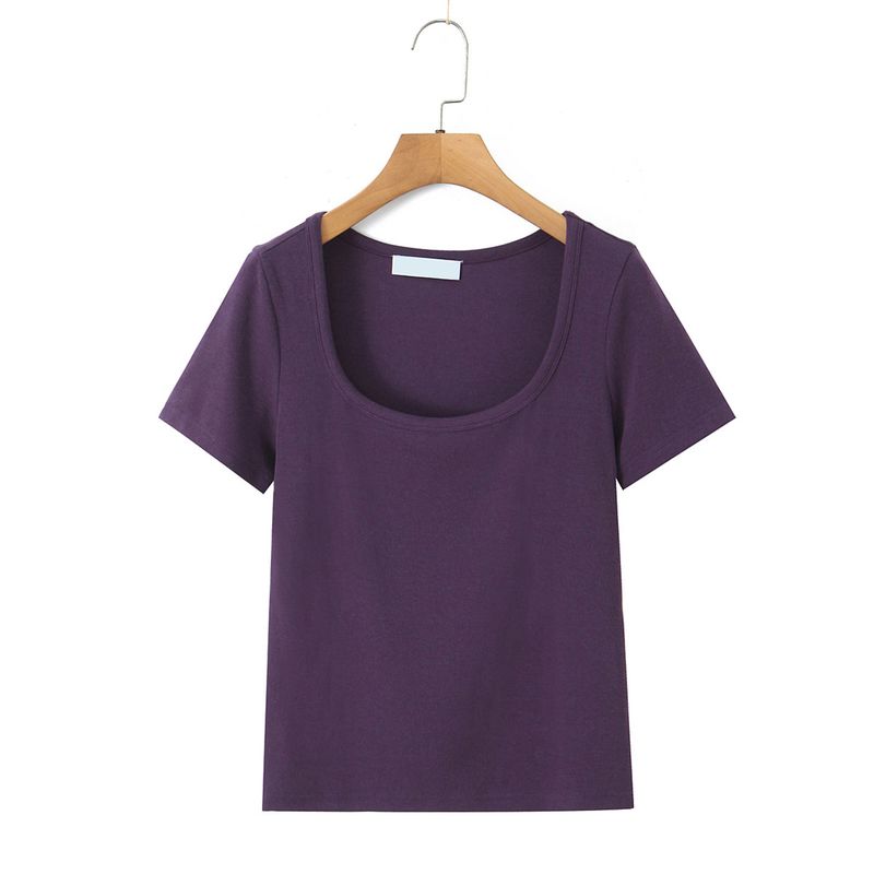 Stretchy Slim-Fit Short-Sleeve T-Shirt Plus Size Women's Clothing with Exposed Collarbone and Square Neckline 100kg Plus-Size Commuter Casual Top
