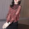 New Autumn Clothes New Unique Ruffled Puff Sleeves Stand Collar Floral Shirt Temperament Tops for Women
