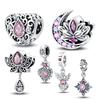 925 Silver Classic Purple Retro Heart Shape Lotus Angel Pattern Charms Beads Fit 3mm Original Bracelet DIY Jewelry Gift