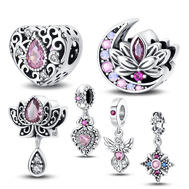 925 Silver Classic Purple Retro Heart Shape Lotus Angel Pattern Charms Beads Fit 3mm Original Bracelet DIY Jewelry Gift