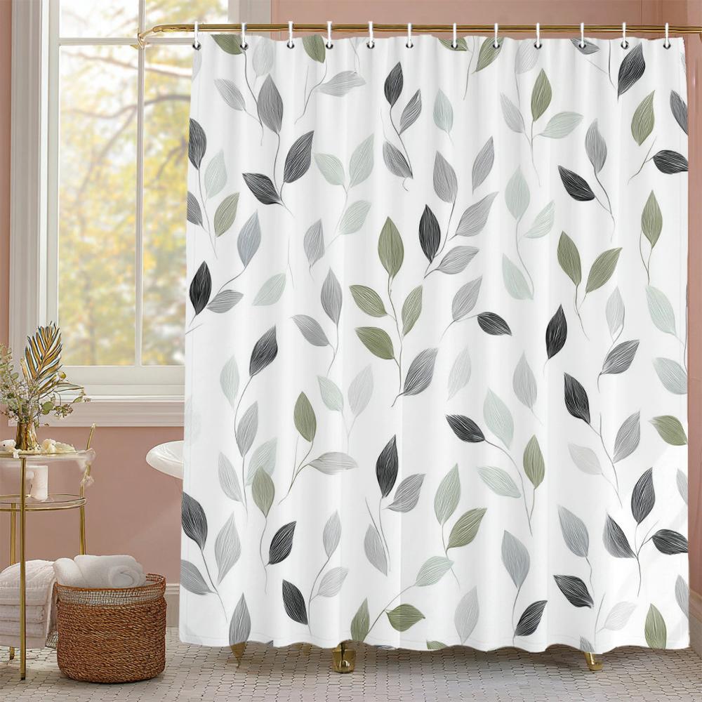 Elegant Blue Botanical Leaf Shower Curtain, Floral Plant Bathroom Decorative Shower Curtain, Waterproof Shower Curtain with Hook