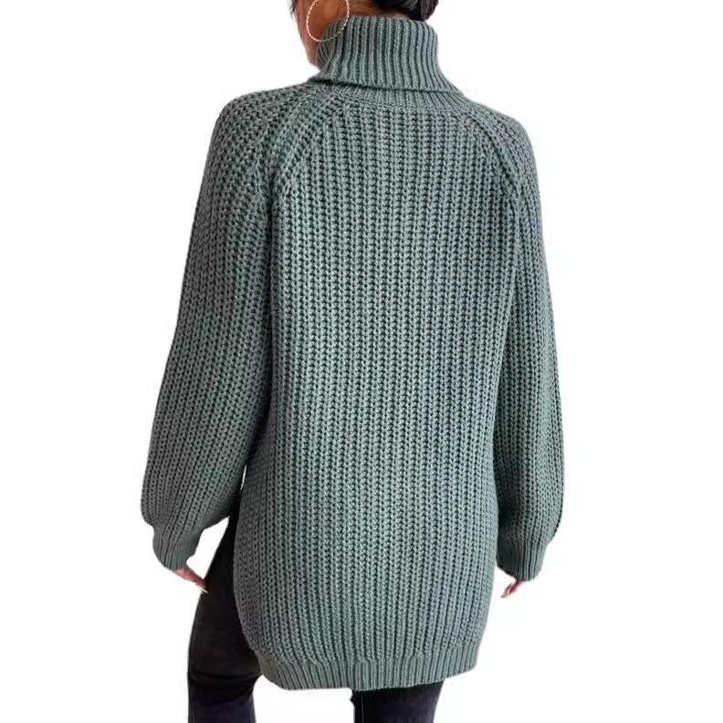 autumn and winter medium and long knitted sweater with shoulder sleeves and high lapel neck split ends. European and American sweaters and tops fo