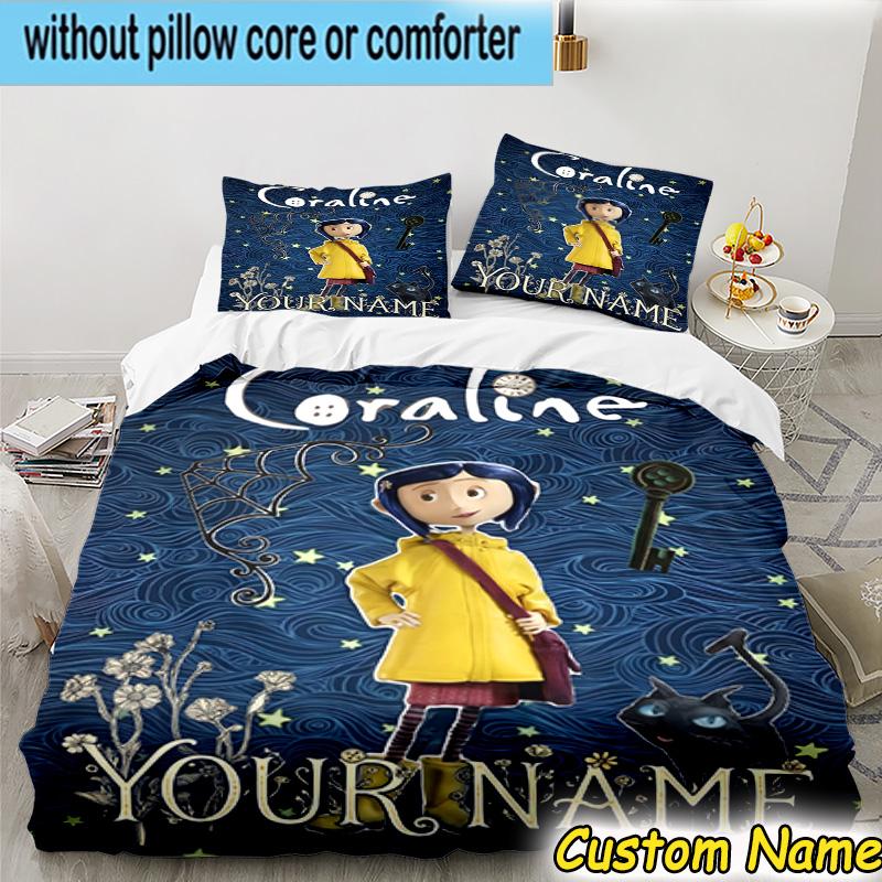3pcs Custom Name Mystery Coraline's World Bedding Set Includes 1 Duvet Cover & 2 Pillowcases for All Seasons Dormitory Home Decor Christmas gifts