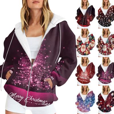 Женская мода повседневная рождественская принтовая толстовка осень-зима с длинным рукавом кардиган куртка с карманом на молнии толстовка с капюшоном куртка