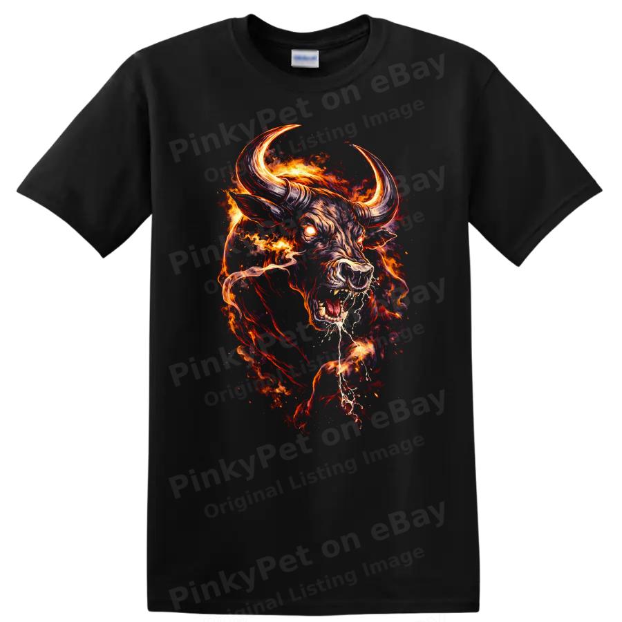 Fiery Bull Head Graphic T Shirt Creative Animal Art Tee Unique Design