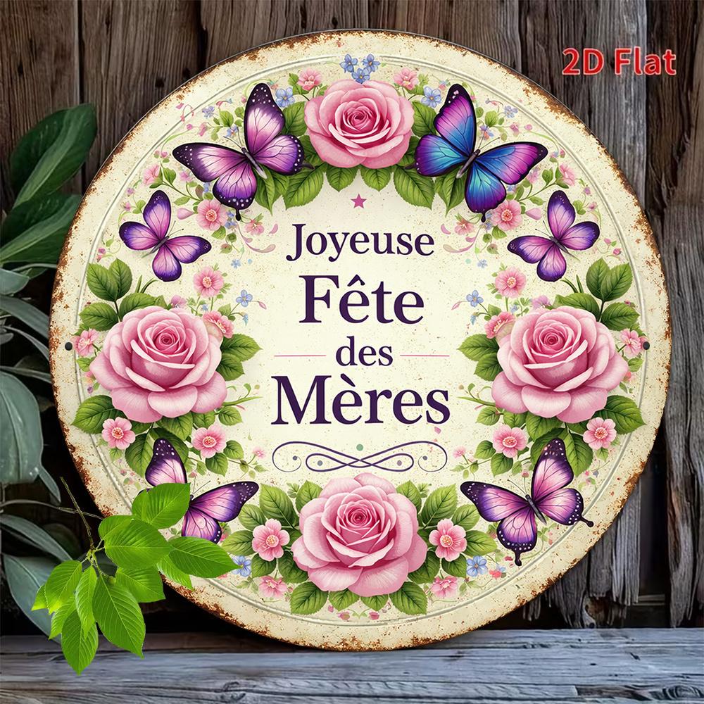 Joyeuse Fte des Mres Floral Butterflies Tin Sign Vintage Durable Metal Plaque Wall Decor Home Office Bar Man Cave Wall Ar