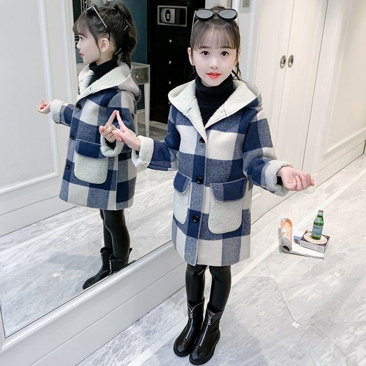 Woolen Coat Winter Fleece Middle and Big Children's Plaid Winter Clothes