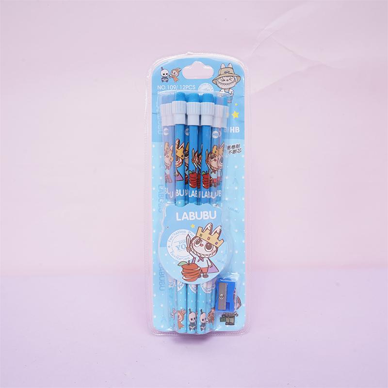 Набор из 12 мультяшных карандашей Labubu с ластиком и точилкой для карандашей, студенческие карандаши для письма и рисования, студенческие канцелярские товары, школьные принадлежности