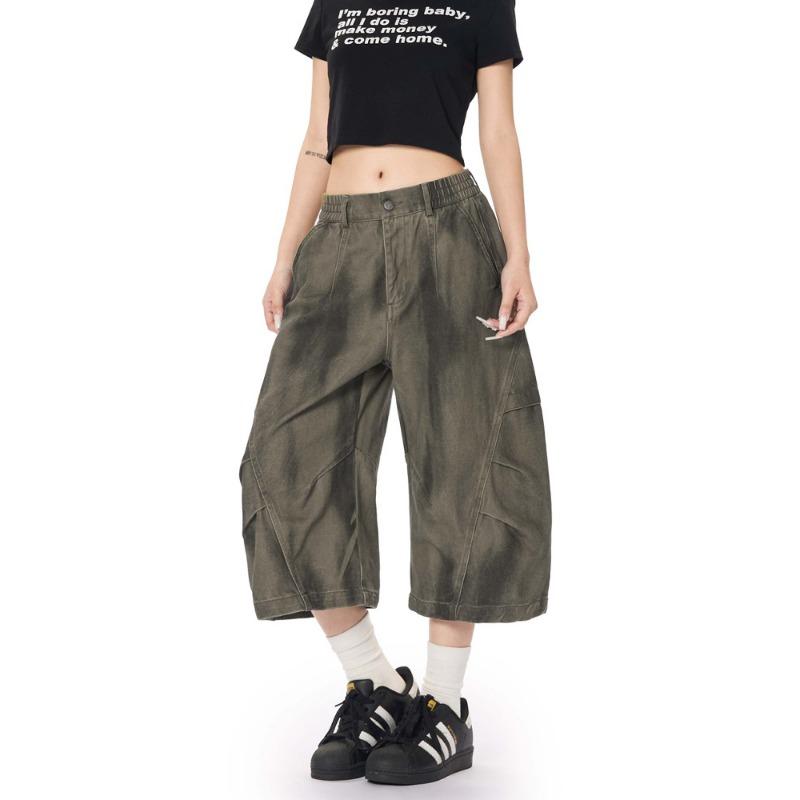 Washed Ink Splashing Dirty Dyed Pleated Tooling Shorts Men's and Women's Retro Loose Wide-leg Couple Jeans