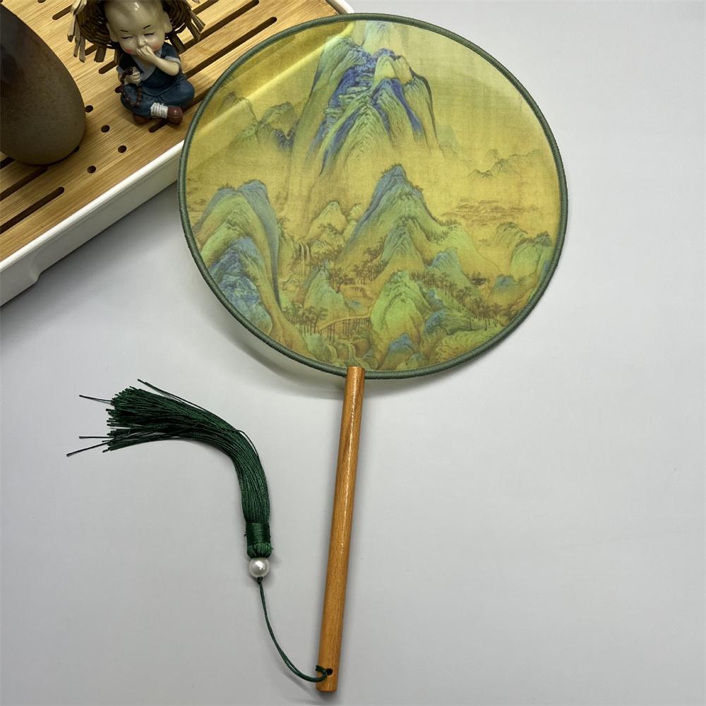 Китайский круглый веер с деревянной ручкой, портативный напечатанный винтажный шелковый веер, древний веер с кисточками для танцев, костюм Тан, праздничный атрибут