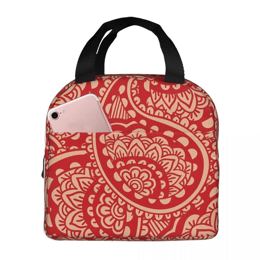 Red Paisley Floral Mandala Insulated Lunch Bag for Women Children Portable Food Boxes Thermal Lunch Box Tote