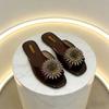 Womens Flat Slide Sandals With Rhinestone Flower Embellishment 2026 Casual Open-Toe Slippers