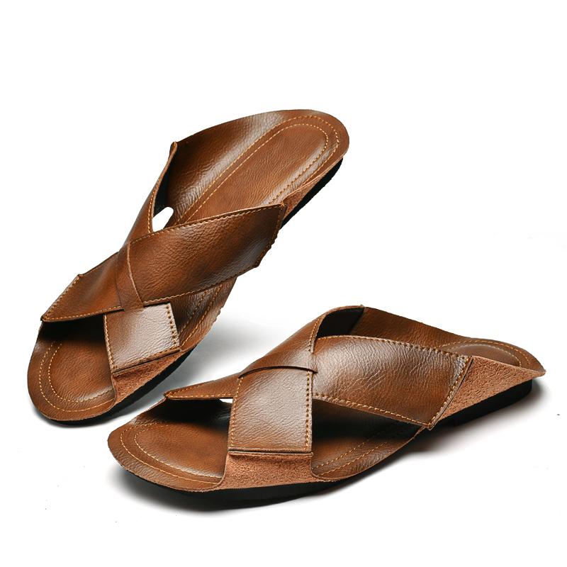 FashionGenuine Leather Mens Sandals Soft-Soled Male Summer Footwear Casual Beach Slippers Breathable Men Slides Leisure Walk Half Drag