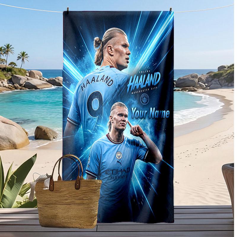 Erling Haaland Personalized Printed Beach Towel Soccer Logo Support Custom Name Text Absorbent Towel For Sport Travel Special Gift