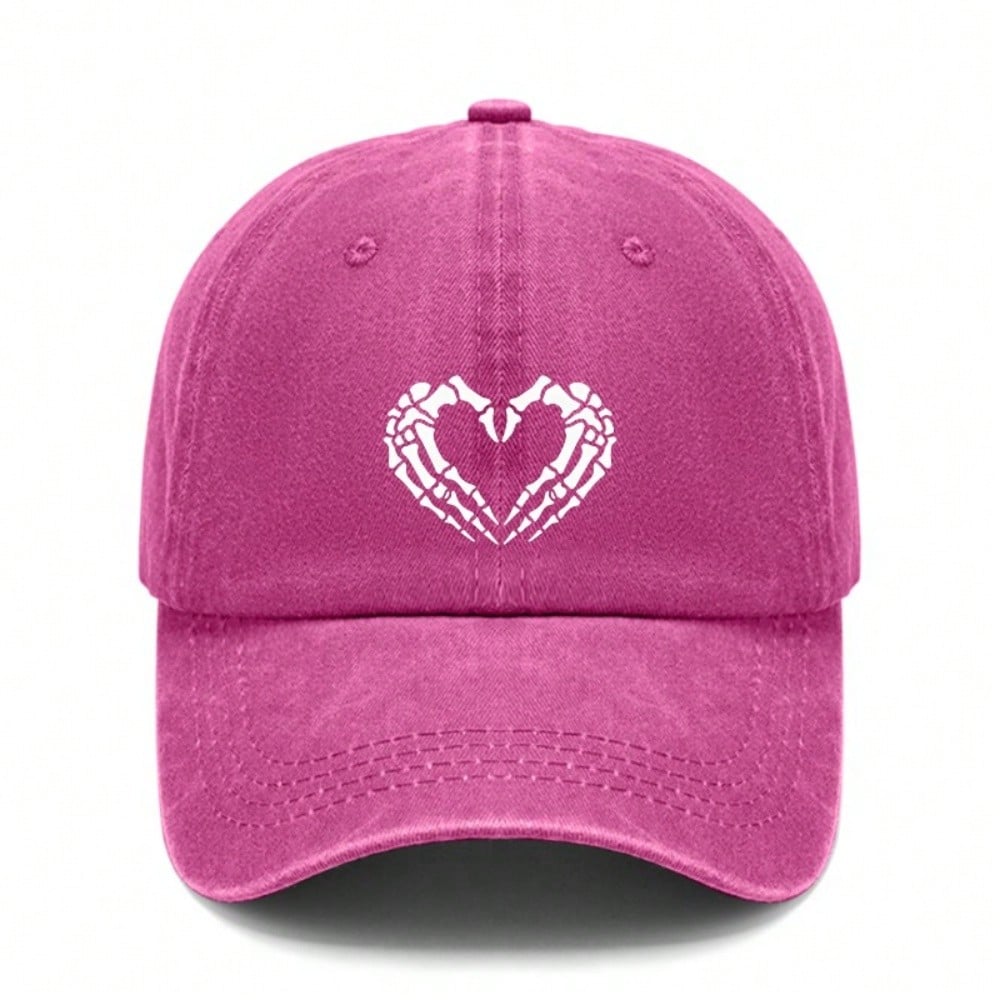 [Skeleton Heart Baseball Cap] Unisex Vintage Washed Print Polyester Adjustable Breathable Casual Streetwear Daily Wear Baseball Hat - Dad Cap