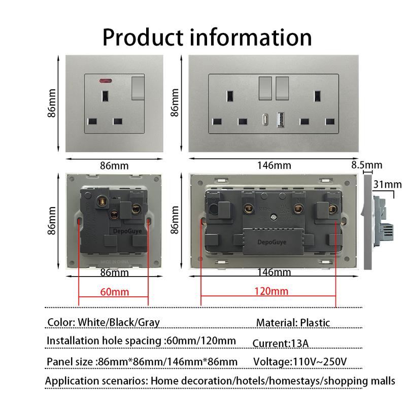 Universal 18W Type-C Quick charge Double Power Outlet,220V Electrical Wall Light 2way Switch UK 13A Wall Double USB Plug Socket