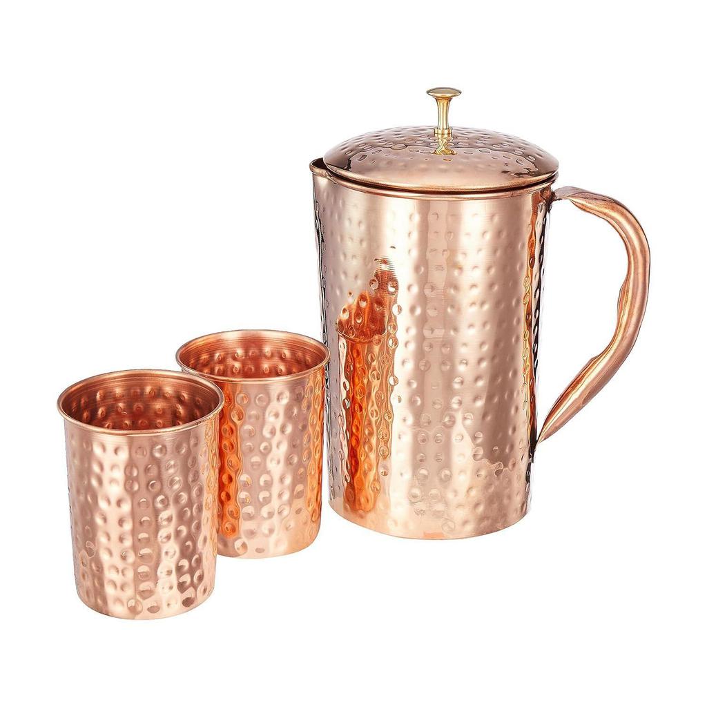 Hammered Copper Jug with 2 Copper Glasses, 1350 Ml