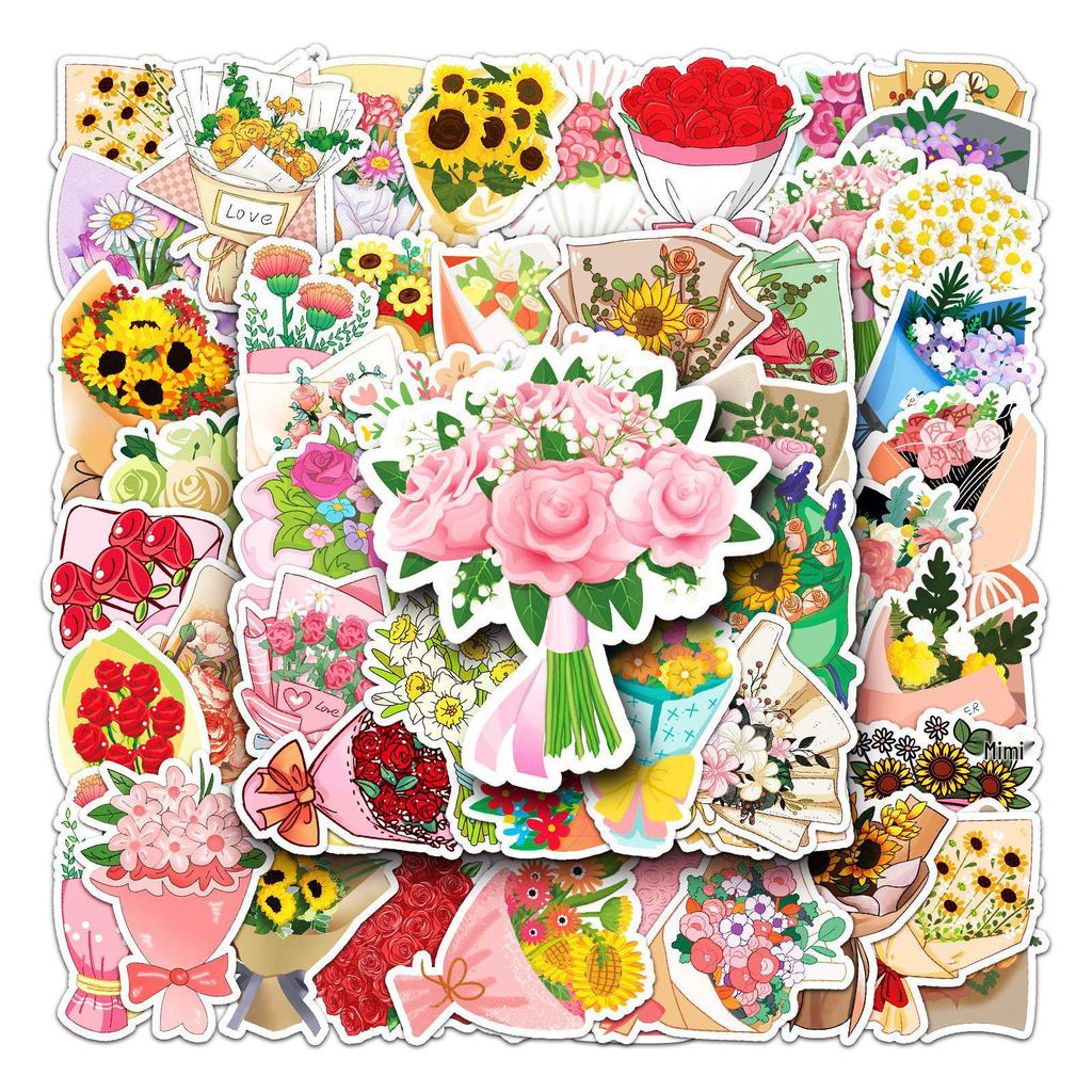 50pcs Cartoon Bouquet Flowers Stickers: Waterproof Decorative Stickers for Suitcases & Notebooks