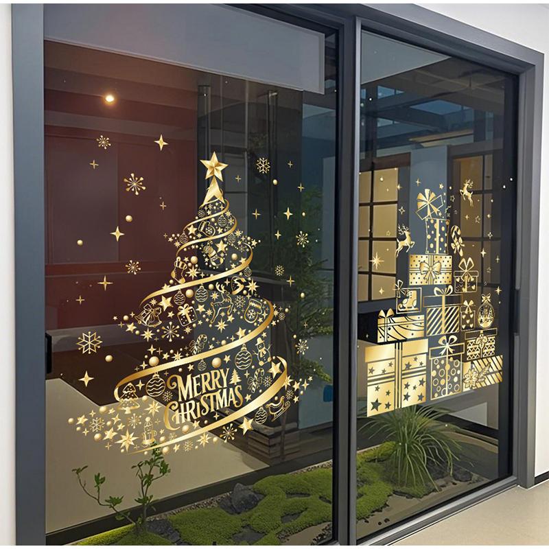 Christmas Sticker Gold PVC Double-sided Printed Static Window Sticker Christmas Decorations Atmosphere Glass Sticker New Year