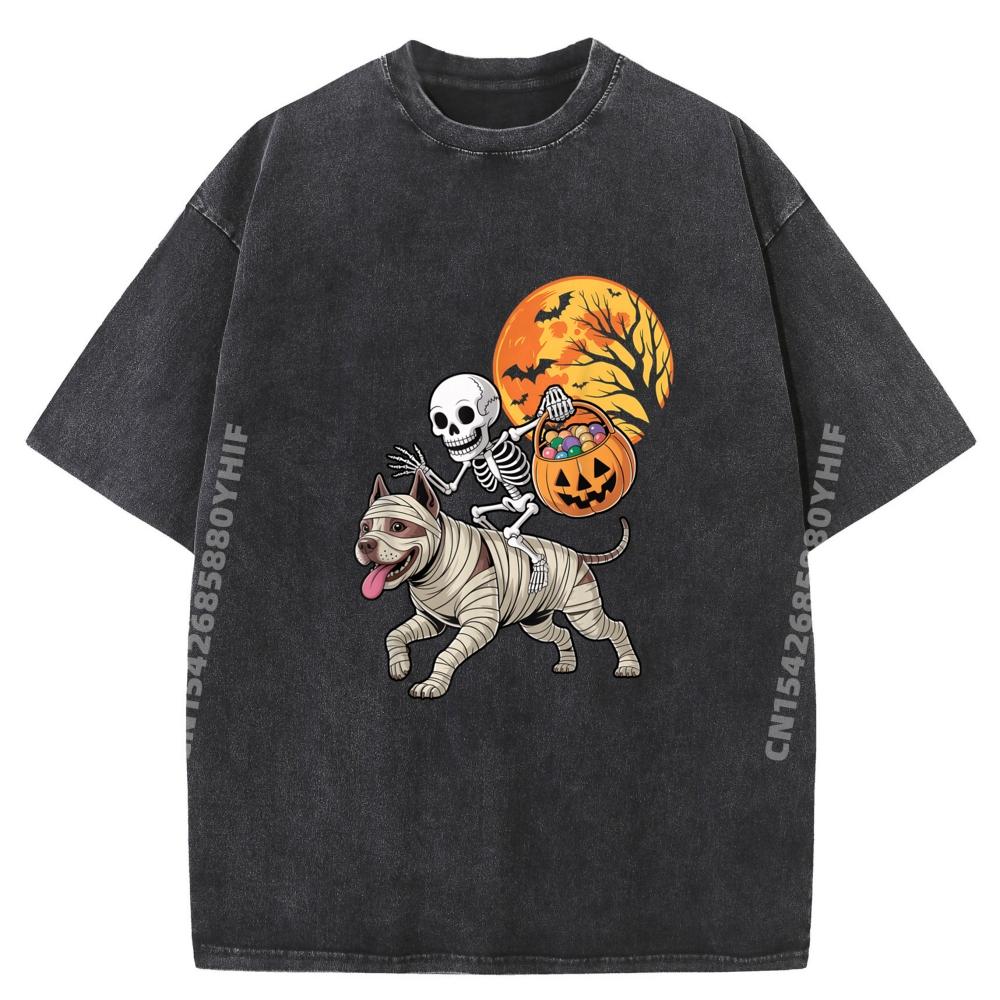 Funny Skeleton Riding Mummy Pitbull Dog Halloween Thanksgiving Christmas Hallothanksmas Washed Tshirt Tops & Tee