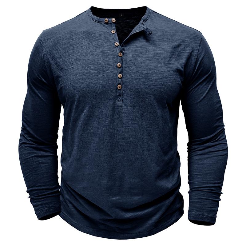 Mens 100 Cotton Slub Long Sleeve Henley Casual T Shirt