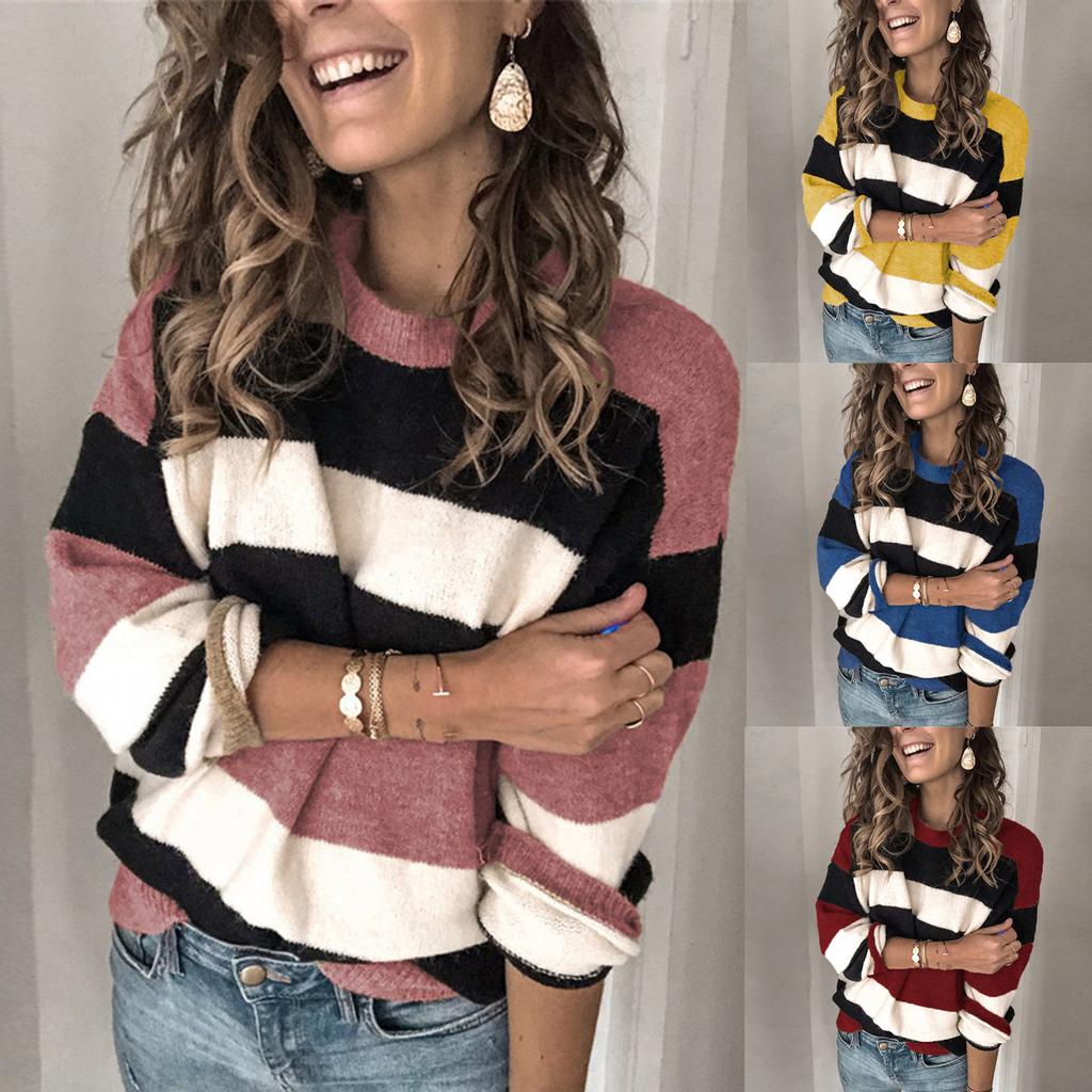 Fashion Women Long Sleeve Striped Print Casual Knitted Loose Sweater Top