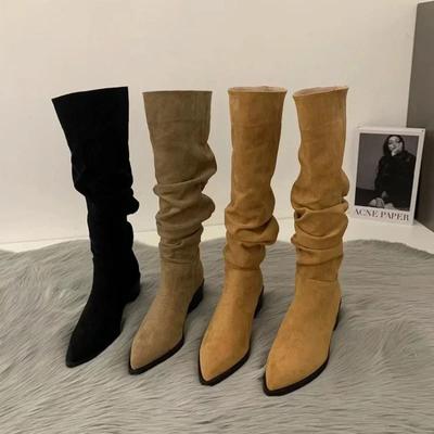 Сапоги до колена IWomen, осенне-зимняя женская обувь, модные женские сапоги без застежек, с закругленным носком, на низком каблуке, с плоским носком, длинные сапоги Botas De Mujer