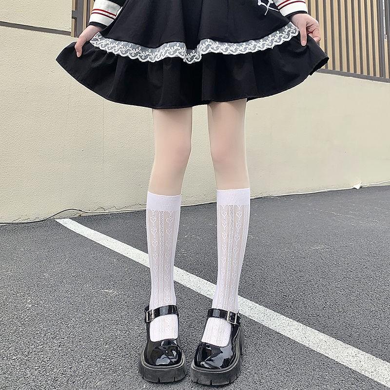 Японские кружевные чулки Детские тонкие гольфы до середины икрыТрендовый ажурный жаккард с сердечкамиБелые гольфыЧулки-сеткаStude