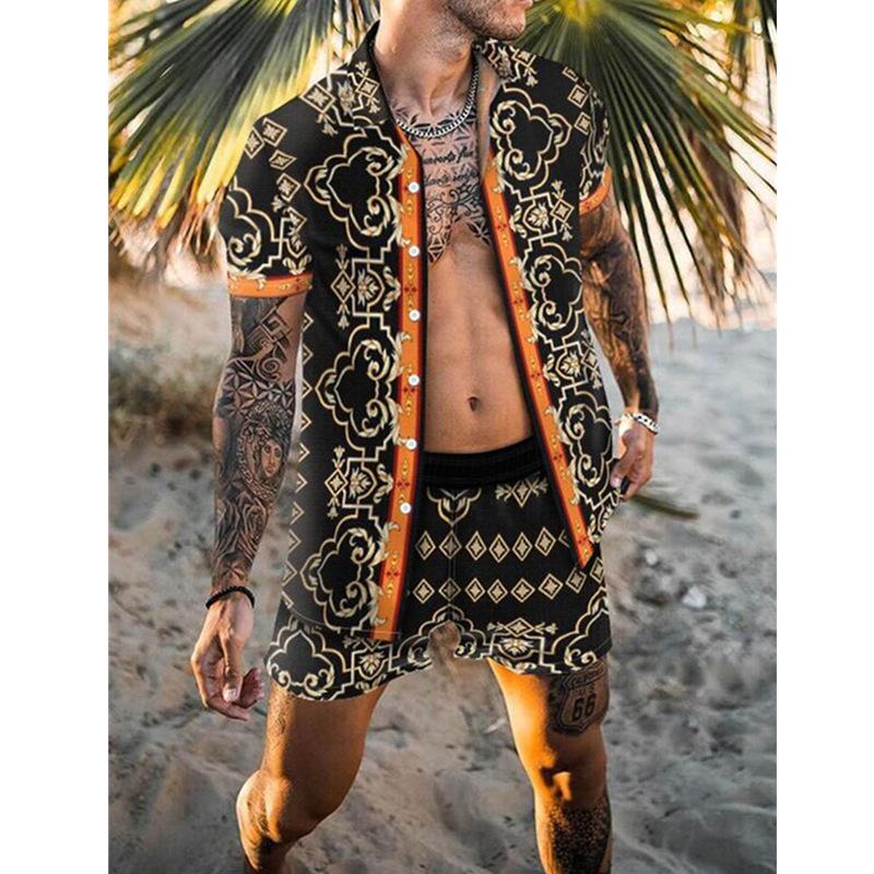 2022 Summer European & American Men's Casual Loose Short-sleeved Shirt & Shorts Beach Set